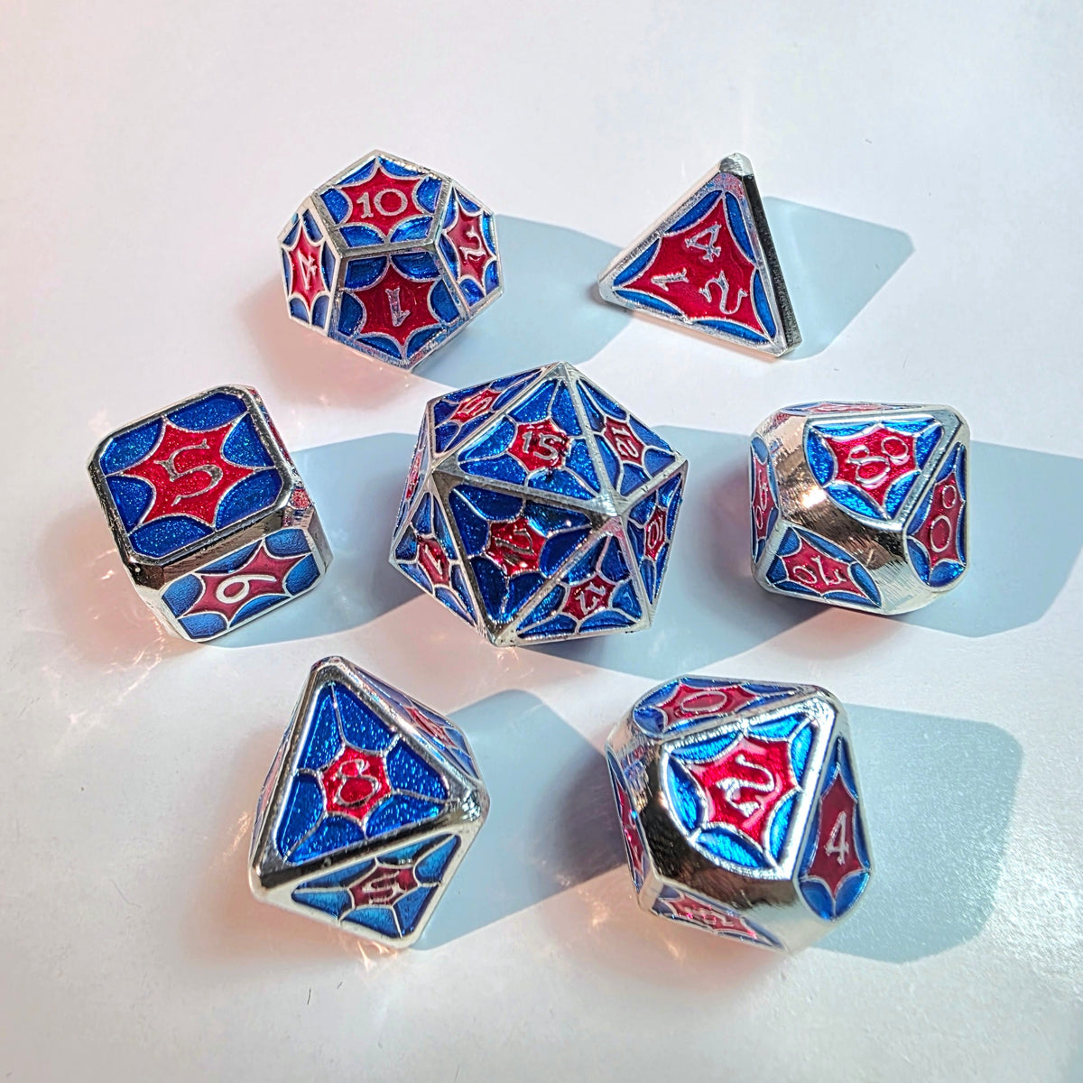 Red Blue Spiderweb Solid Metal Dice Set