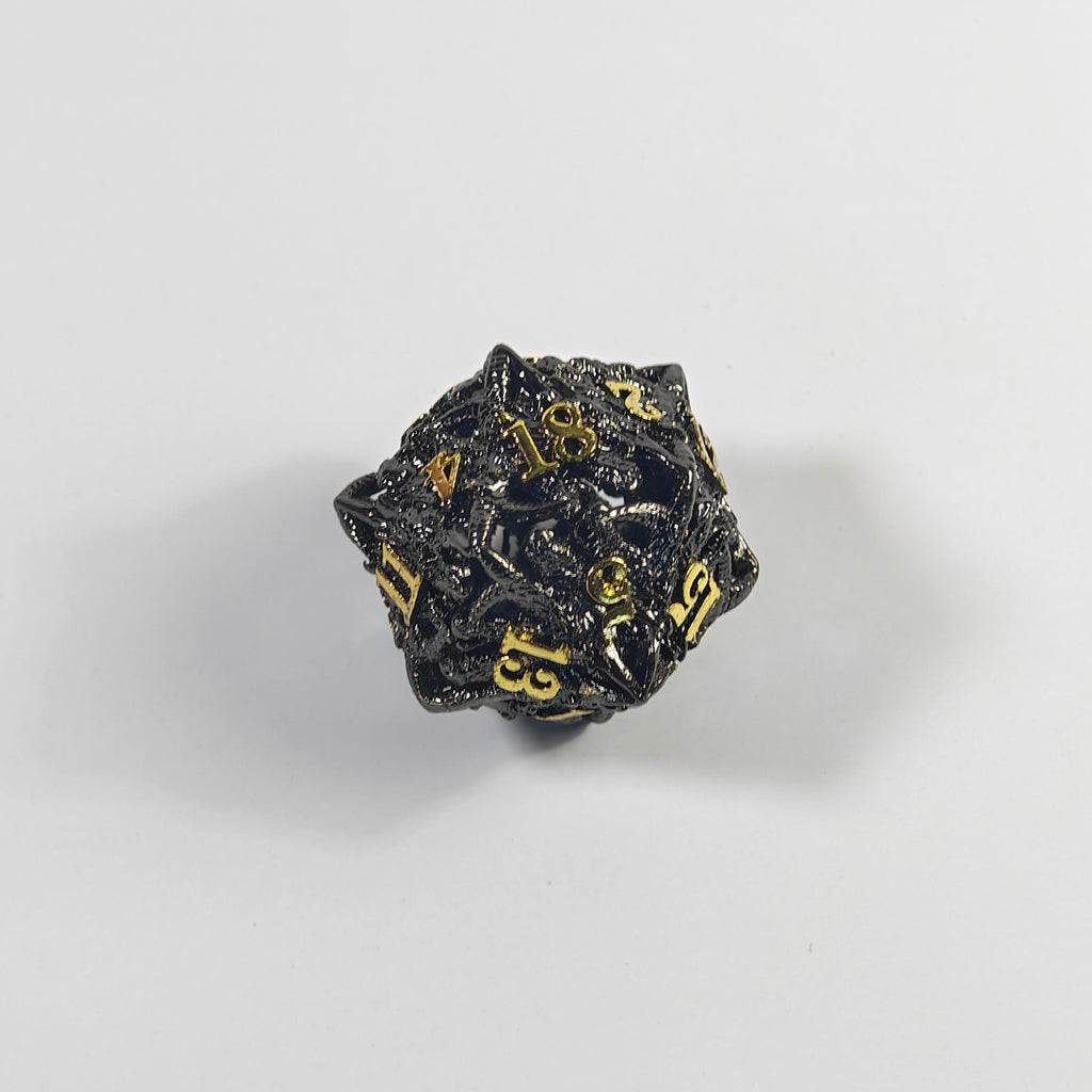 Jeu de dés en métal creux tête de dragon noir et or
