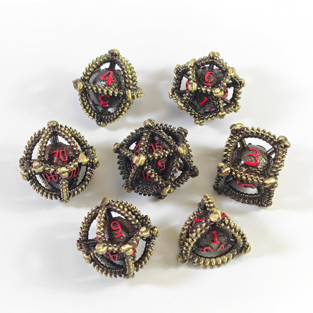 Dragon Egg Brass Red Hollow Metal Dice Set