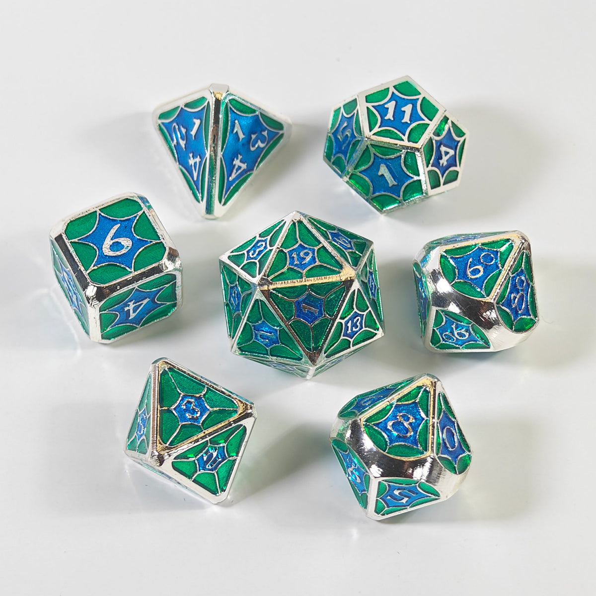 Blue Green Spiderweb Solid Metal Dice Set