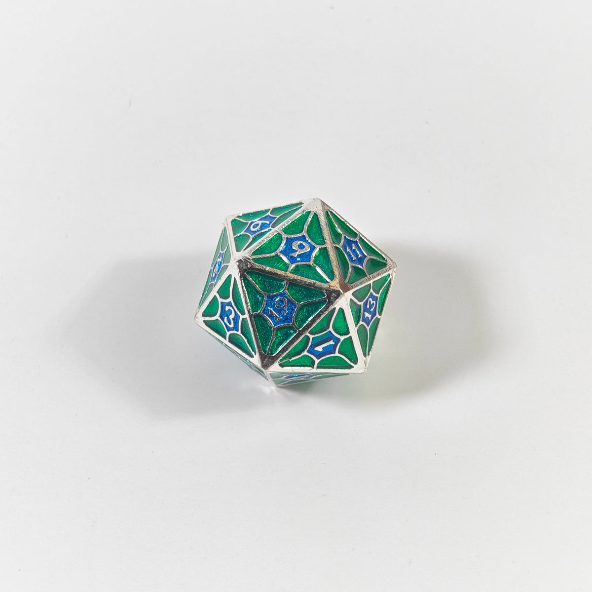 Blue Green Spiderweb Solid Metal Dice Set