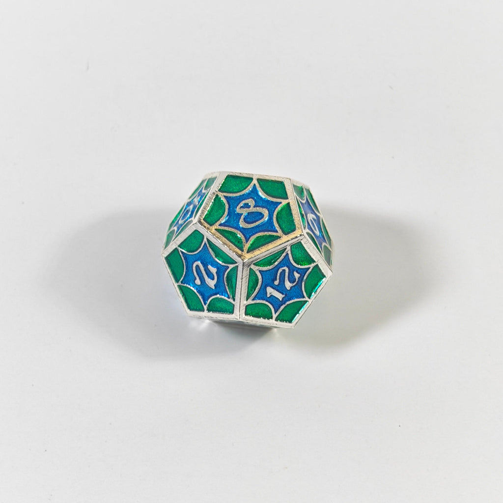 Jeu de dés en métal massif motif toile d'araignée bleu-vert
