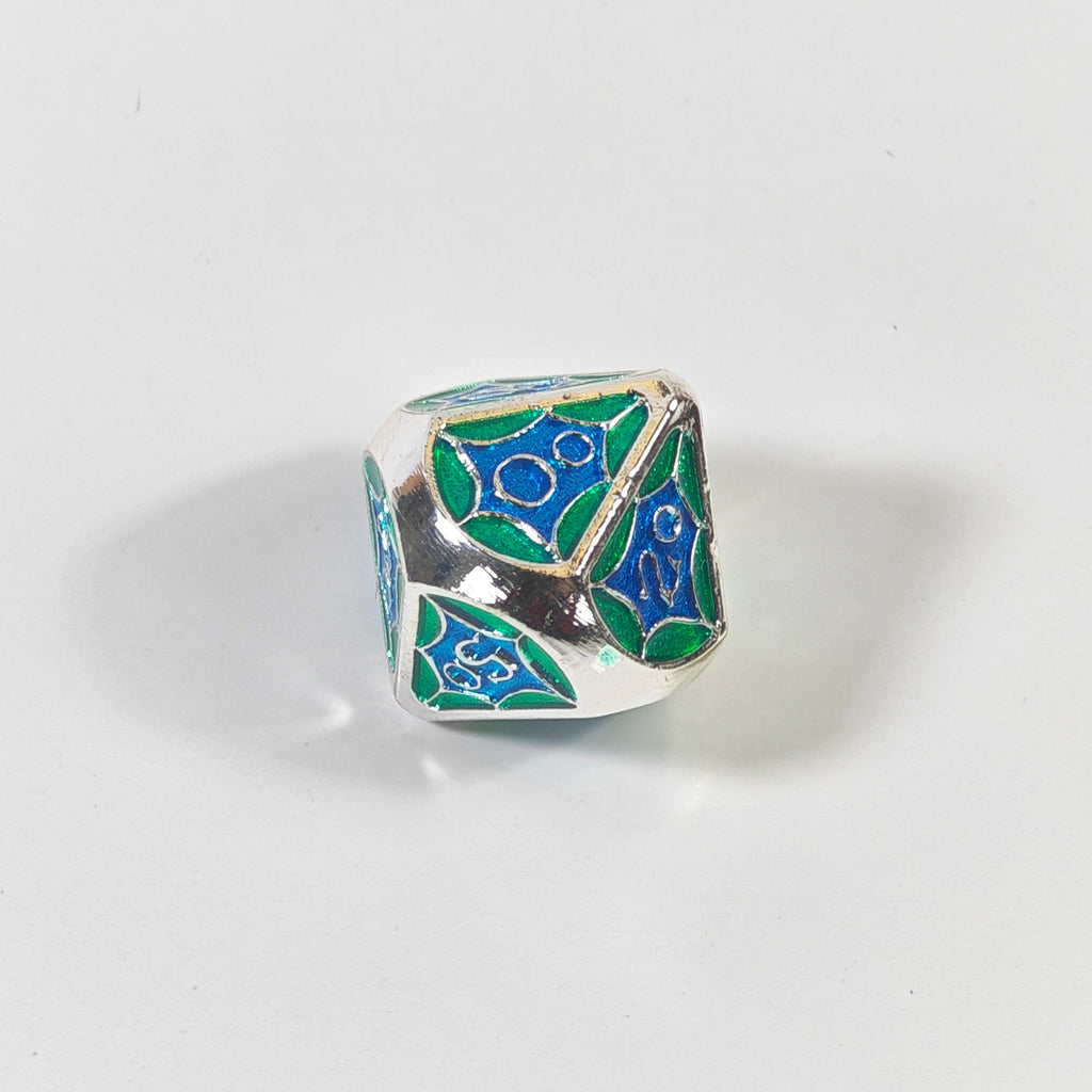 Jeu de dés en métal massif motif toile d'araignée bleu-vert