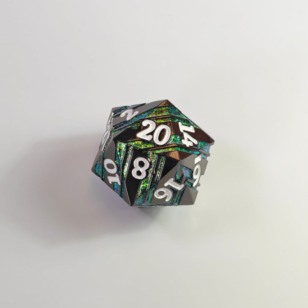 Black Nickel Green Stripe Chonk Solid Metal D20